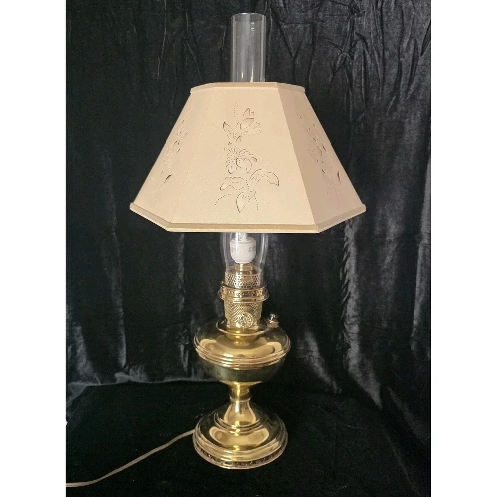 VTG Aladdin 12 Brass Oil to Electric Lamp, Lox-on Chimney & Cut-out Floral Shade